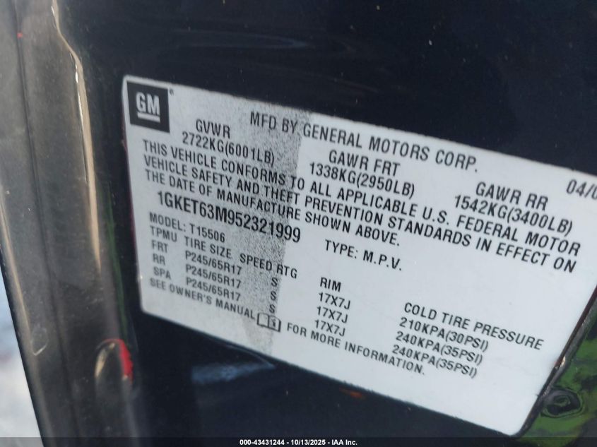 2005 GMC Envoy Denali VIN: 1GKET63M952321999 Lot: 43431244