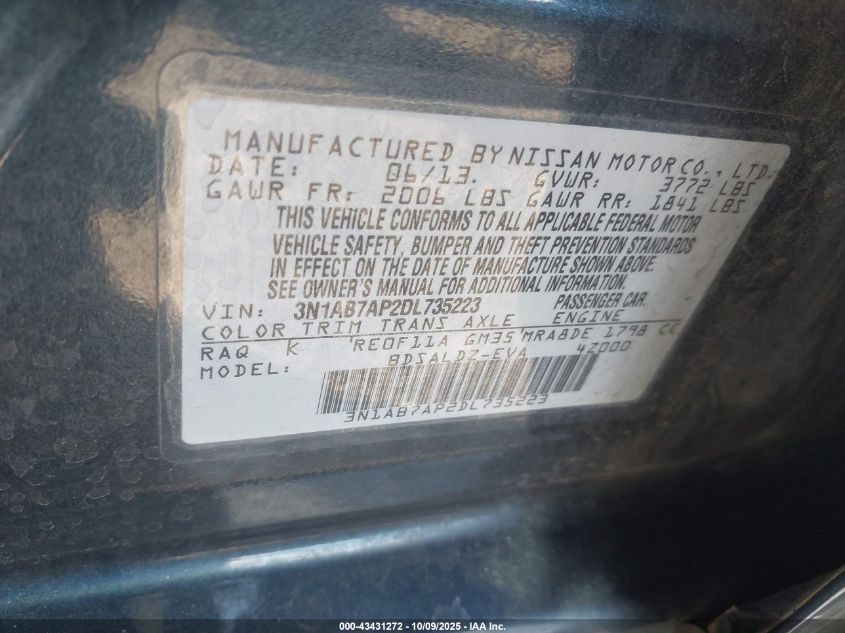 2013 Nissan Sentra Sv VIN: 3N1AB7AP2DL735223 Lot: 43431272