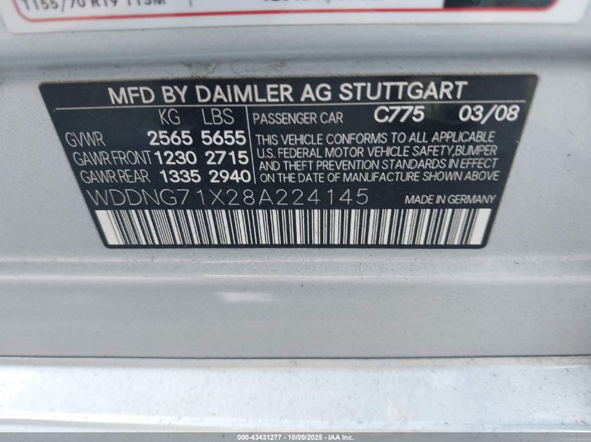 2008 Mercedes-Benz S 550 VIN: WDDNG71X28A224145 Lot: 43431277