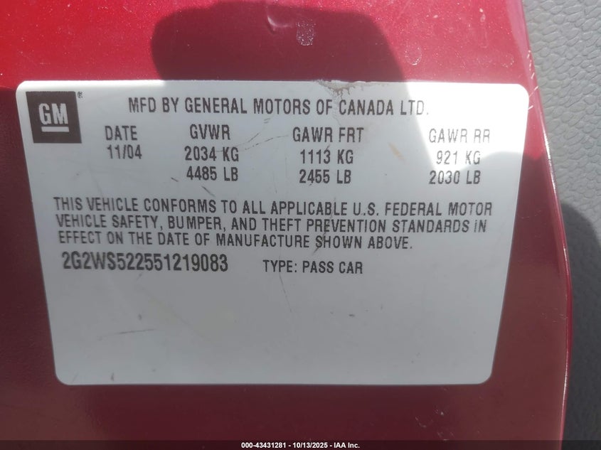 2005 Pontiac Grand Prix Gt VIN: 2G2WS522551219083 Lot: 43431281