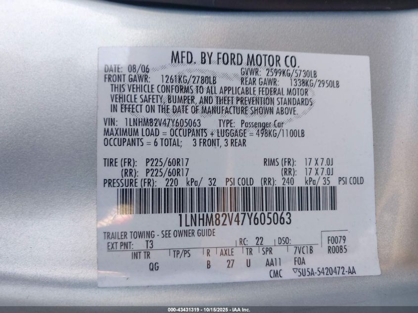 2007 Lincoln Town Car Signature Limited VIN: 1LNHM82V47Y605063 Lot: 43431319