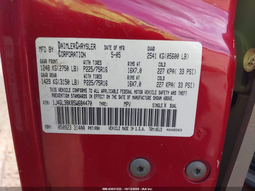 2005 Jeep Liberty Renegade VIN: 1J4GL38K85W684470 Lot: 43431322