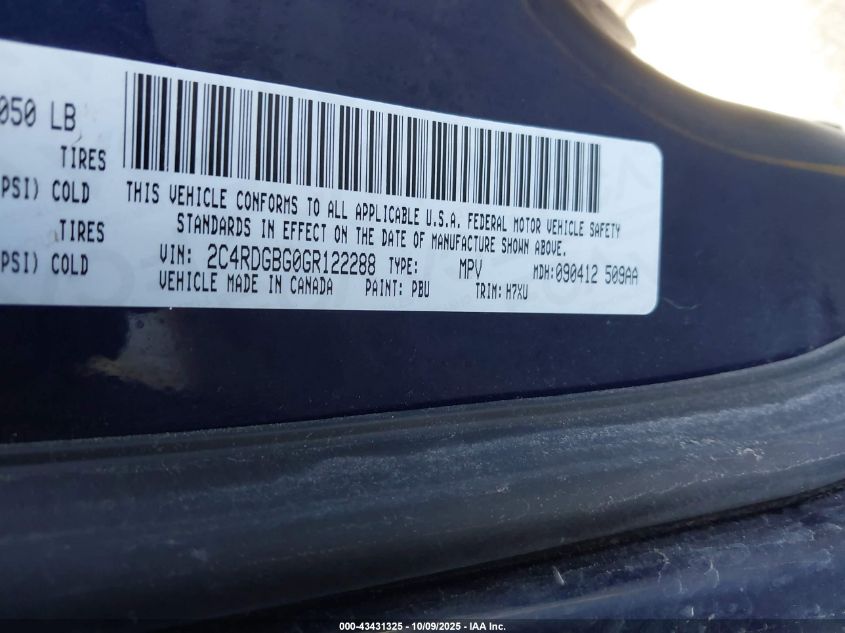 2016 Dodge Grand Caravan Se VIN: 2C4RDGBG0GR122288 Lot: 43431325