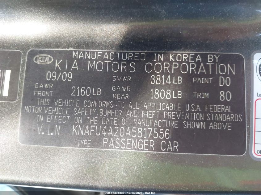 2010 Kia Forte Ex VIN: KNAFU4A20A5817556 Lot: 43431339