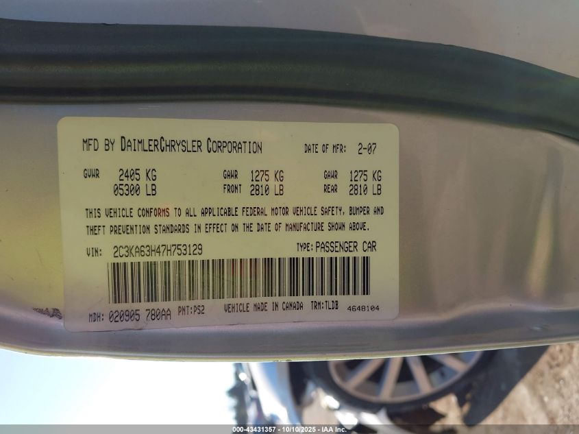 2007 Chrysler 300C VIN: 2C3KA63H47H753129 Lot: 43431357
