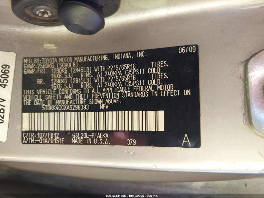 2010 Toyota Sienna Ce VIN: 5TDKK4CCXAS298393 Lot: 43431365