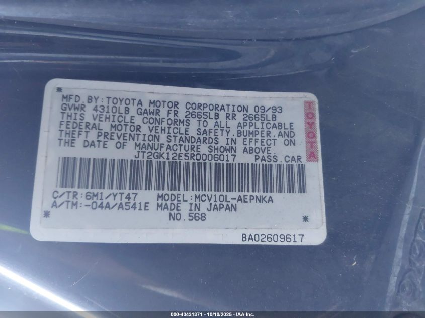 1994 Toyota Camry Le VIN: JT2GK12E5R0006017 Lot: 43431371