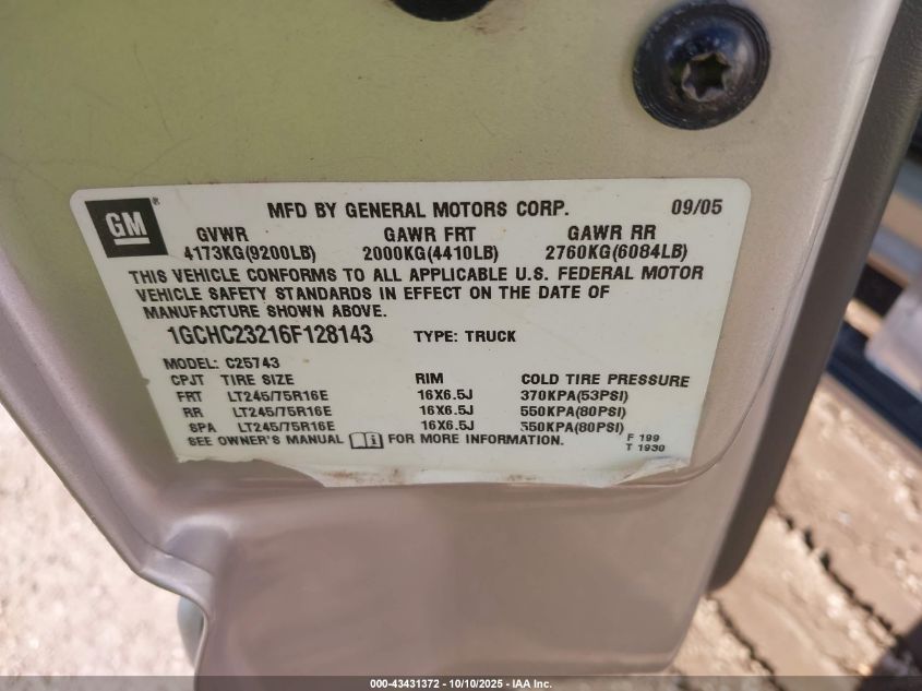 2006 Chevrolet Silverado 2500Hd Lt2 VIN: 1GCHC23216F128143 Lot: 43431372