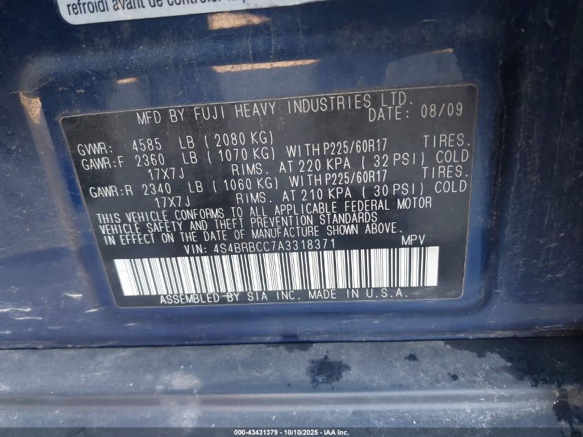 2010 Subaru Outback 2.5I Premium VIN: 4S4BRBCC7A3318371 Lot: 43431379