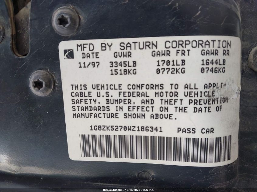 1998 Saturn Sl2 VIN: 1G8ZK5270WZ186341 Lot: 43431386