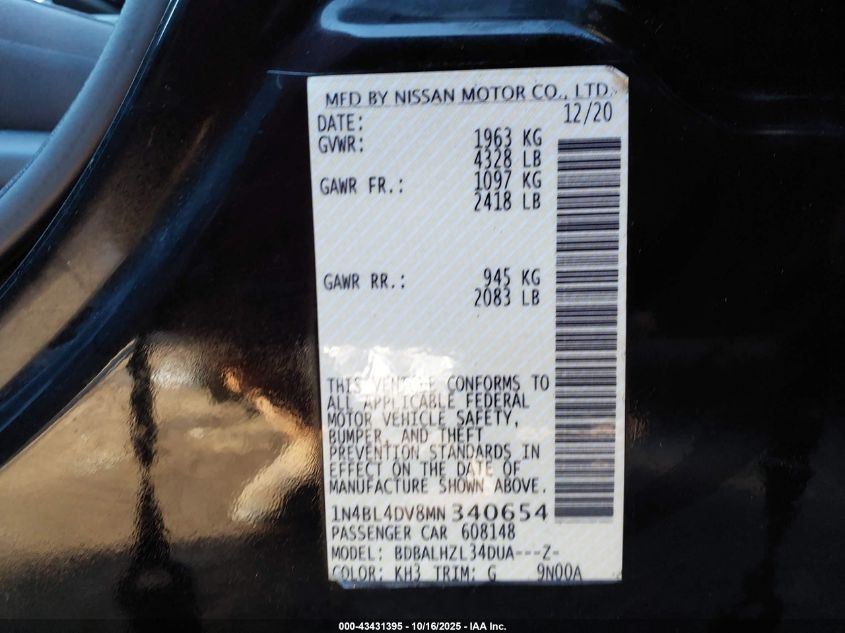 2021 Nissan Altima Sv Fwd VIN: 1N4BL4DV8MN340654 Lot: 43431395