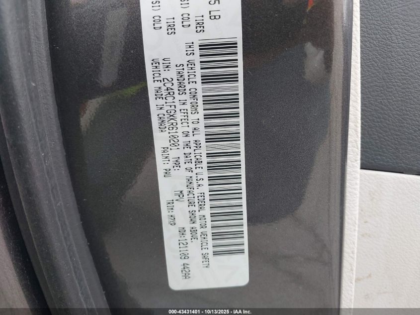 2019 Chrysler Pacifica Touring Plus VIN: 2C4RC1FGXKR610201 Lot: 43431401