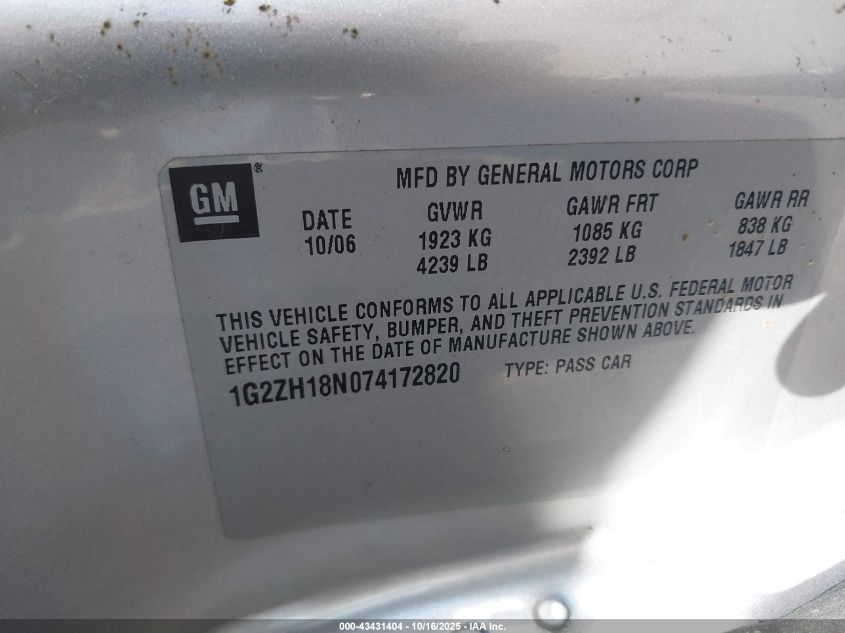 2007 Pontiac G6 Gt VIN: 1G2ZH18N074172820 Lot: 43431404