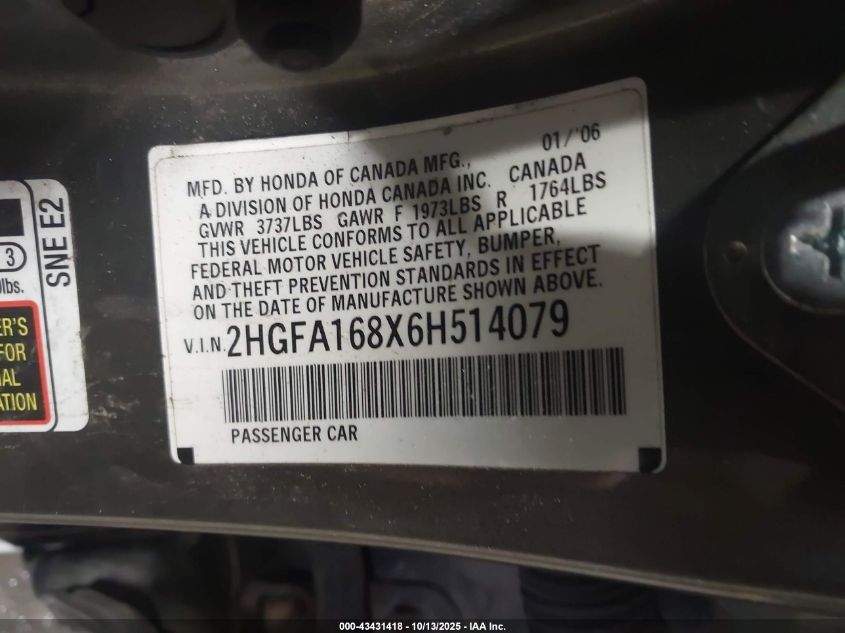 2006 Honda Civic Ex VIN: 2HGFA168X6H514079 Lot: 43431418