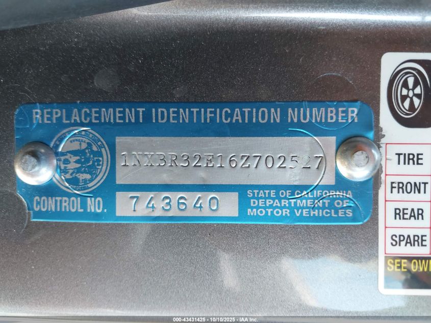 2006 Toyota Corolla S VIN: 1NXBR32E16Z702527 Lot: 43431425