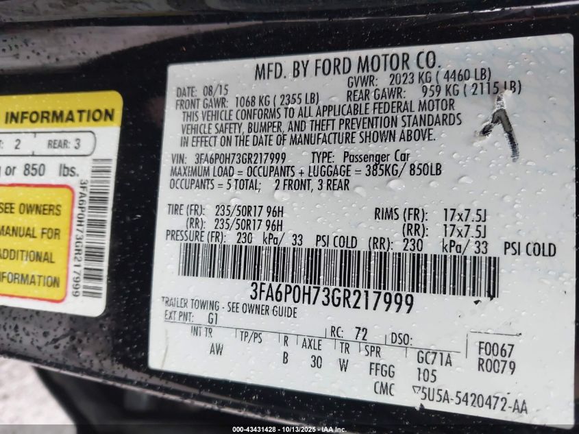 2016 Ford Fusion Se VIN: 3FA6P0H73GR217999 Lot: 43431428