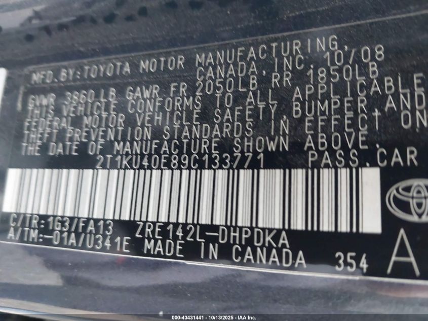 2009 Toyota Matrix VIN: 2T1KU40E89C133771 Lot: 43431441