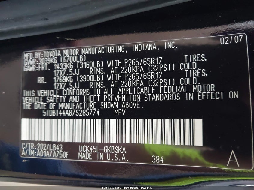 2007 Toyota Sequoia Sr5 V8 VIN: 5TDBT44A87S285774 Lot: 43431446