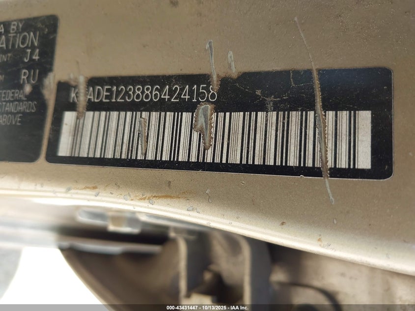 2008 Kia Rio Lx VIN: KNADE123886424158 Lot: 43431447