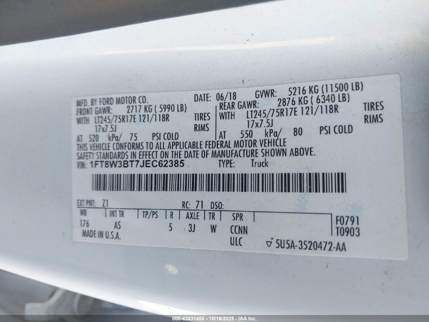 2018 Ford F-350 Xl VIN: 1FT8W3BT7JEC62385 Lot: 43431450