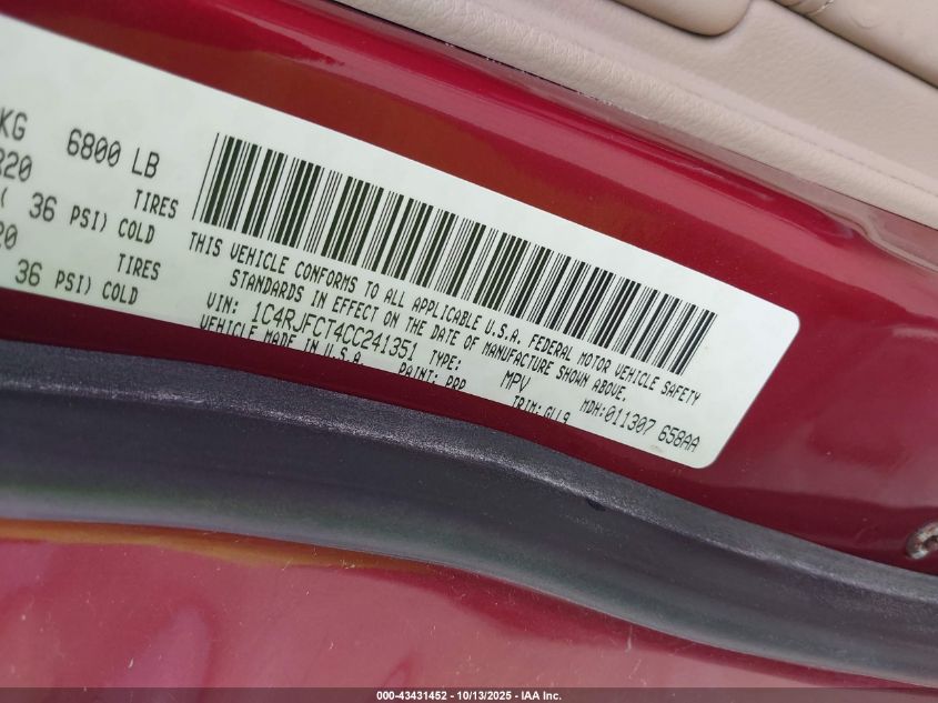 2012 Jeep Grand Cherokee Overland VIN: 1C4RJFCT4CC241351 Lot: 43431452