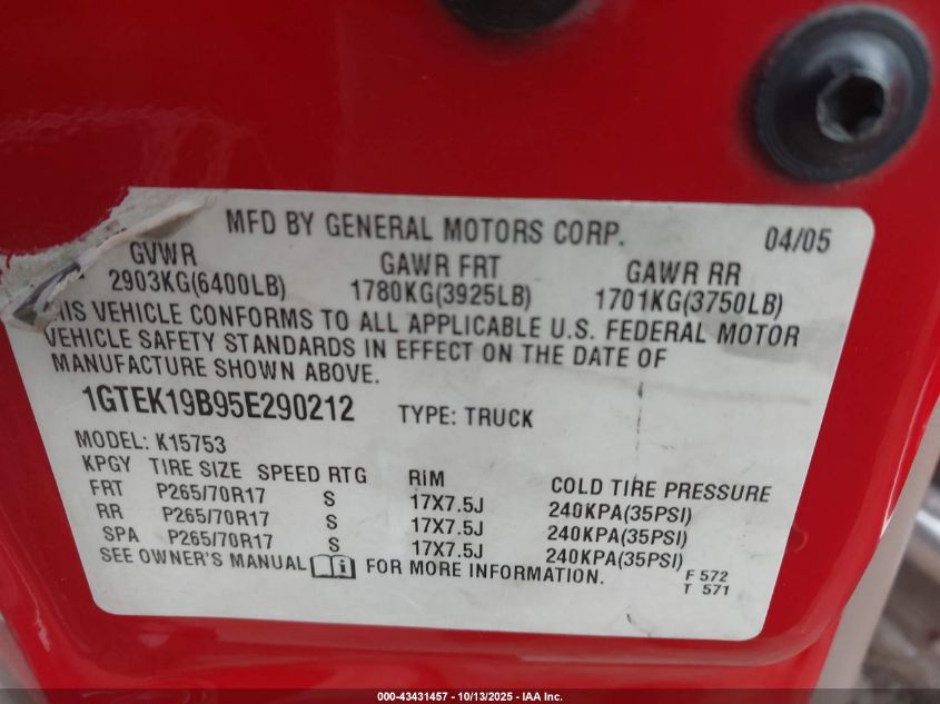 2005 GMC Sierra 1500 Slt VIN: 1GTEK19B95E290212 Lot: 43431457