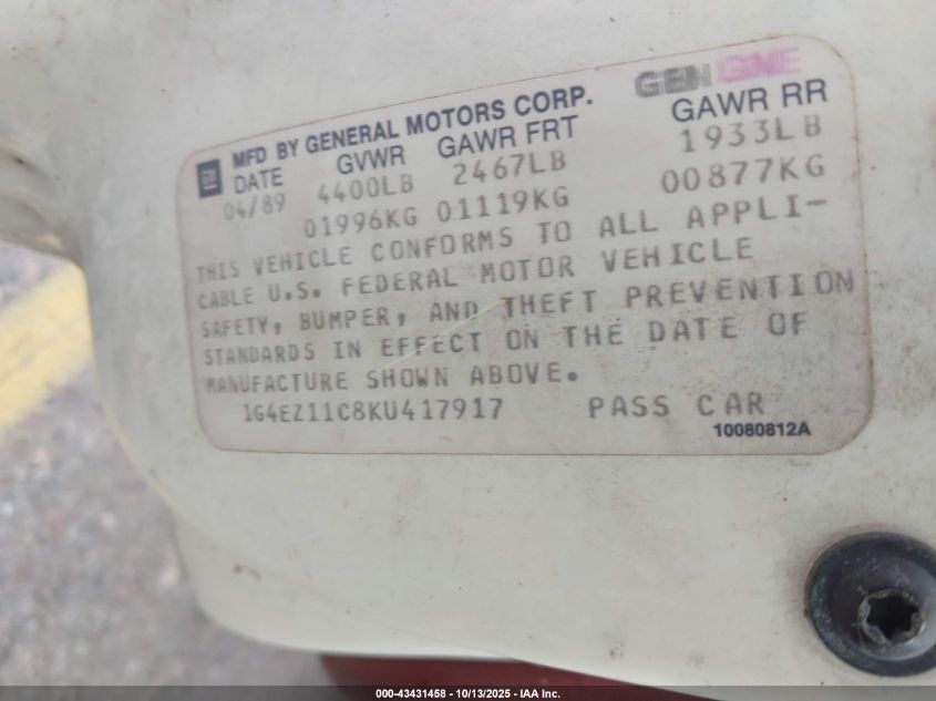 1989 Buick Riviera VIN: 1G4EZ11C8KU417917 Lot: 43431458