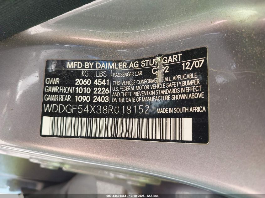 2008 Mercedes-Benz C 300 Sport VIN: WDDGF54X38R018152 Lot: 43431464