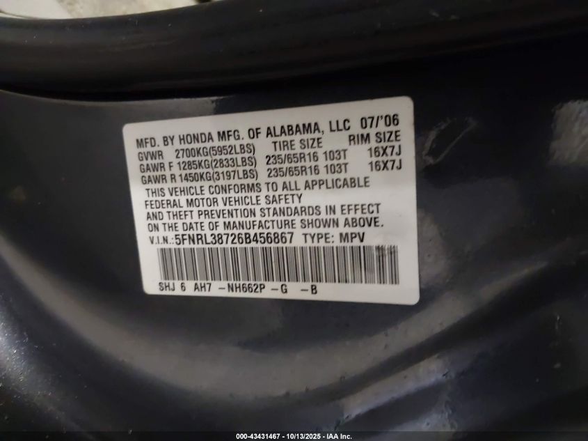 2006 Honda Odyssey Ex-L VIN: 5FNRL38726B456867 Lot: 43431467