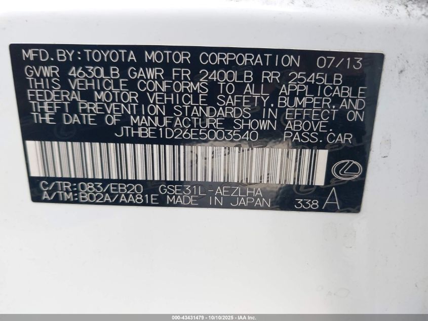 2014 Lexus Is 350 VIN: JTHBE1D26E5003540 Lot: 43431479