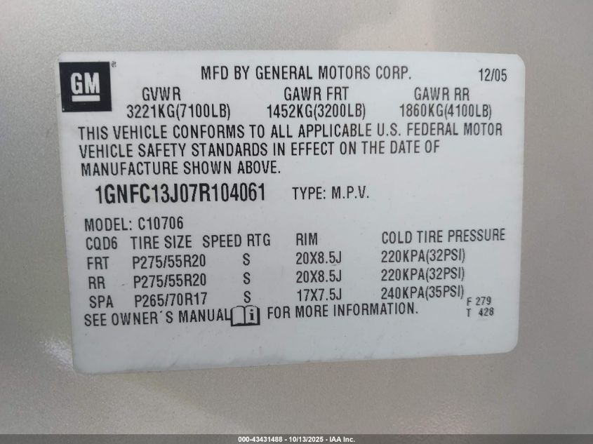 2007 Chevrolet Tahoe Ltz VIN: 1GNFC13J07R104061 Lot: 43431488