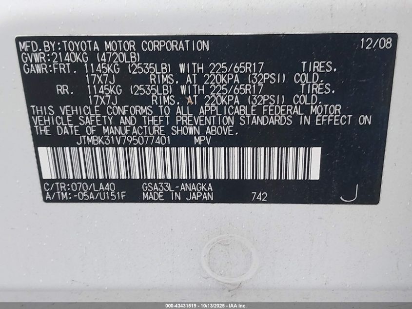 2009 Toyota Rav4 Limited V6 VIN: JTMBK31V795077401 Lot: 43431519