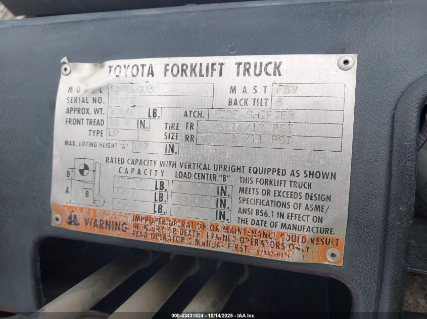 2000 Toyota 52-6Fgu30 VIN: 00000000000061802 Lot: 43431524