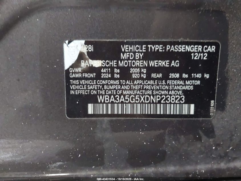 2013 BMW 328I VIN: WBA3A5G5XDNP23823 Lot: 43431534