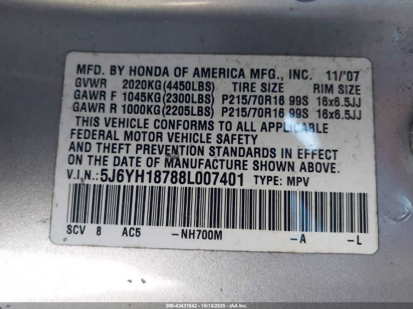 2008 Honda Element Ex VIN: 5J6YH18788L007401 Lot: 43431542