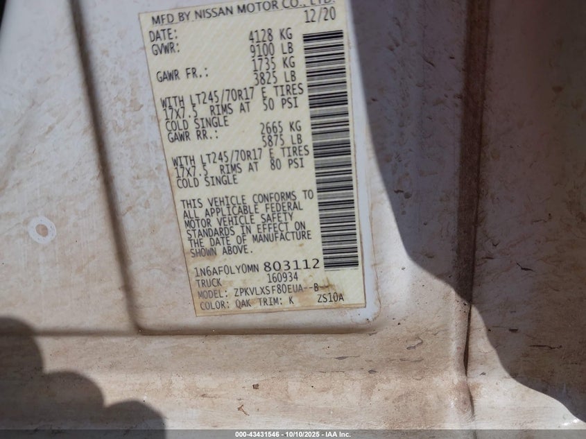 2021 Nissan Nv 2500 Sv/3500 Sv/3500 Sl VIN: 1N6AF0LY0MN803112 Lot: 43431546