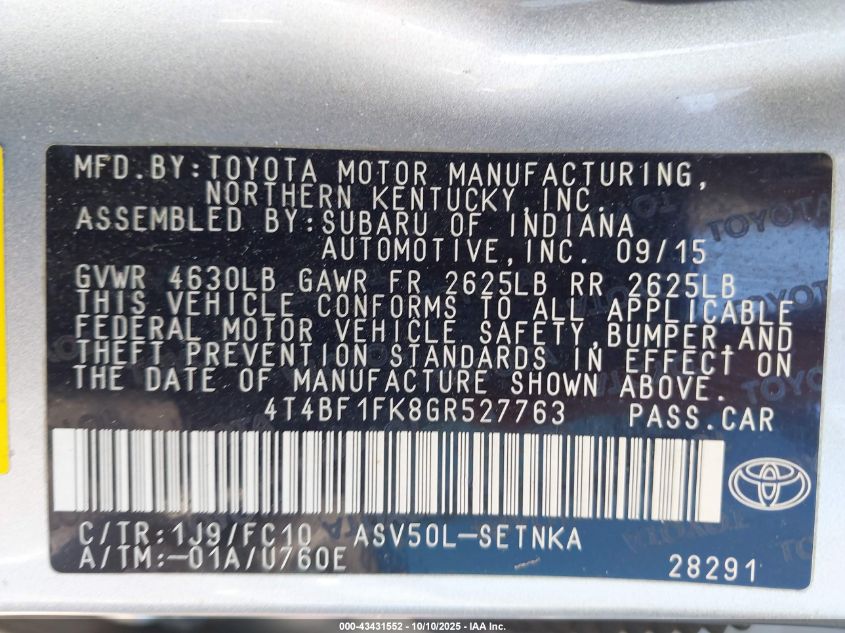 2016 Toyota Camry Le VIN: 4T4BF1FK8GR527763 Lot: 43431552