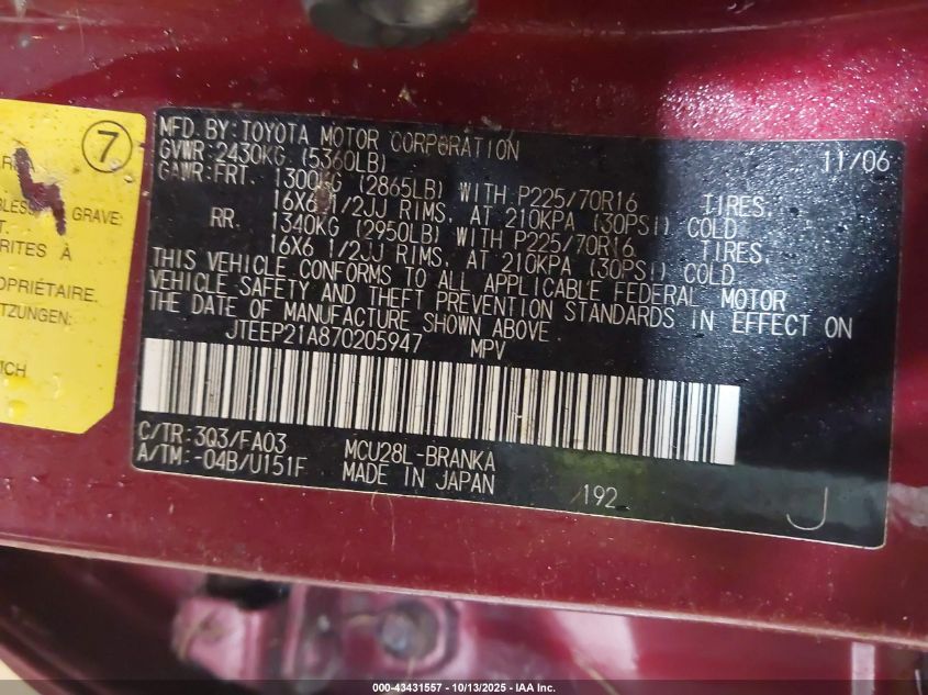 2007 Toyota Highlander V6 VIN: JTEEP21A870205947 Lot: 43431557