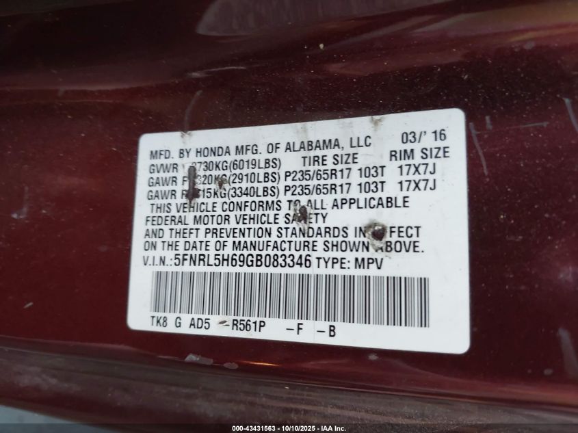 2016 Honda Odyssey Ex-L VIN: 5FNRL5H69GB083346 Lot: 43431563