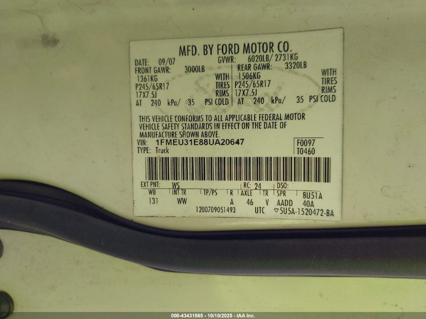 2008 Ford Explorer Sport Trac Xlt VIN: 1FMEU31E88UA20647 Lot: 43431565
