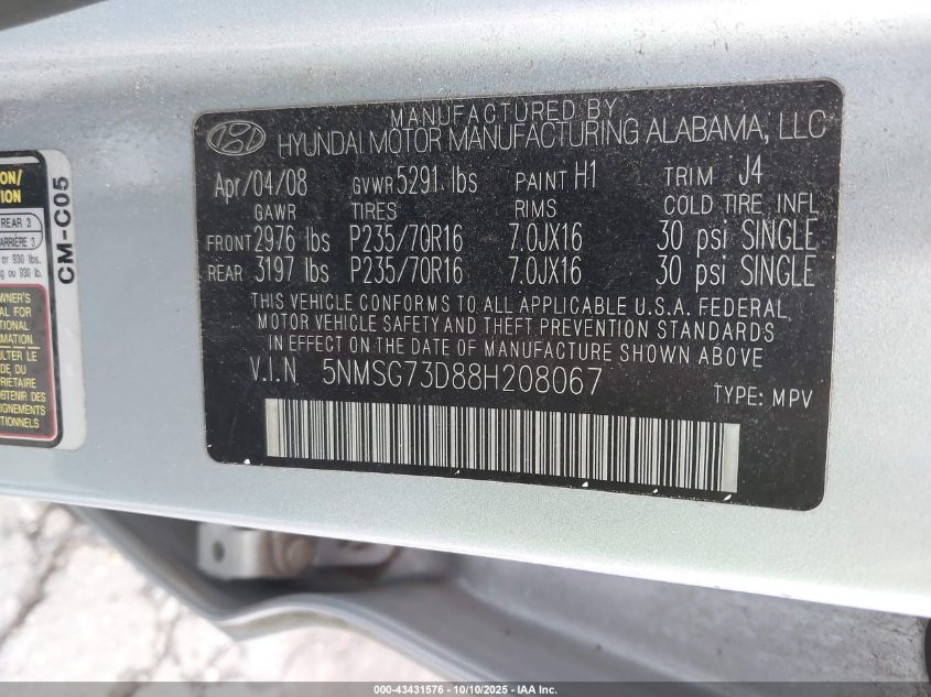 2008 Hyundai Santa Fe Gls VIN: 5NMSG73D88H208067 Lot: 43431576