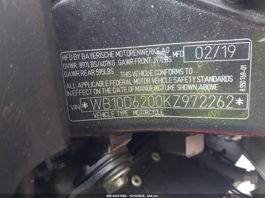 2019 BMW S 1000 R VIN: WB10D6200KZ972262 Lot: 43431586
