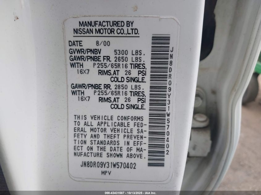 2001 Nissan Pathfinder Le VIN: JN8DR09Y31W570402 Lot: 43431587