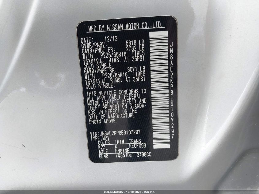 2014 Nissan Quest S VIN: JN8AE2KP8E9107297 Lot: 43431602