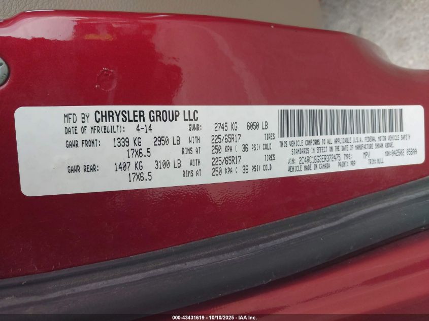 2014 Chrysler Town & Country Touring VIN: 2C4RC1BG3ER372475 Lot: 43431619