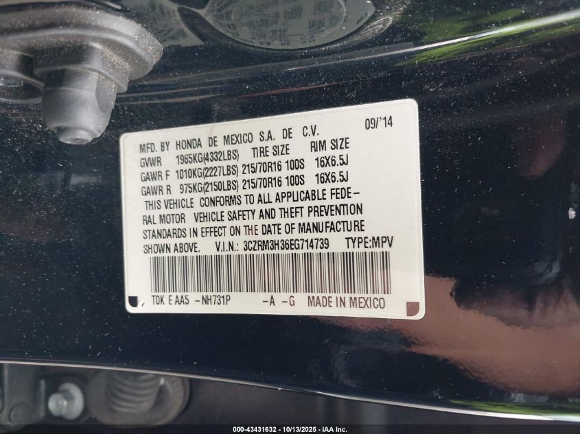 2014 Honda Cr-V Lx VIN: 3CZRM3H36EG714739 Lot: 43431632