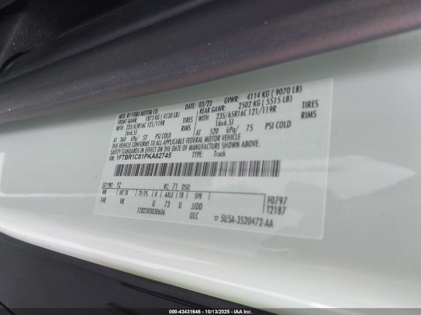 2023 Ford Transit-250 VIN: 1FTBR1C81PKA82745 Lot: 43431646