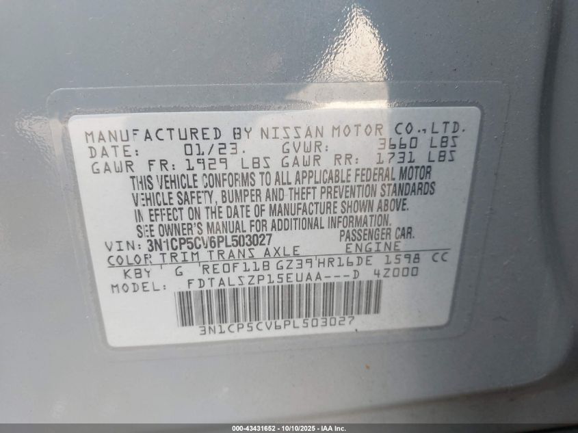 2023 Nissan Kicks Sv Xtronic Cvt VIN: 3N1CP5CV6PL503027 Lot: 43431652