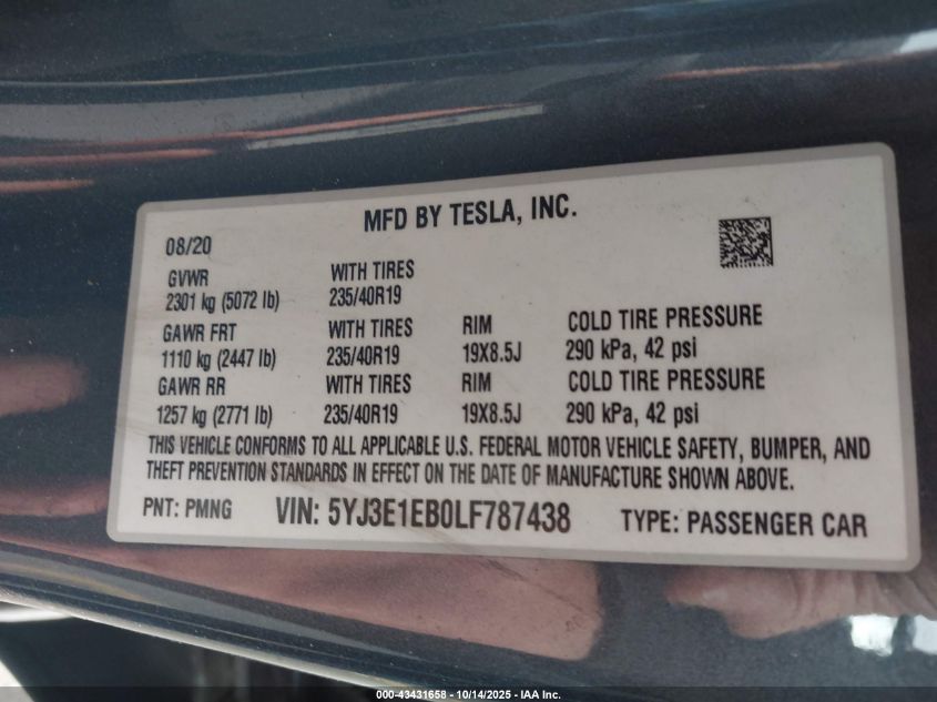 2020 Tesla Model 3 Long Range Dual Motor All-Wheel Drive VIN: 5YJ3E1EB0LF787438 Lot: 43431658
