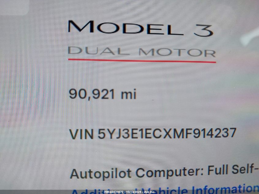 2021 Tesla Model 3 Performance Dual Motor All-Wheel Drive VIN: 5YJ3E1ECXMF914237 Lot: 43431670